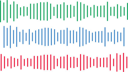 Three colorful sound wave patterns, green, blue, and red, displayed horizontally with varying amplitudes and frequencies, isolated on white background