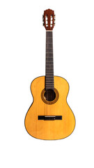 A classic-style acoustic guitar, light-brown wood, six strings, simple rosette, and a dark-brown neck