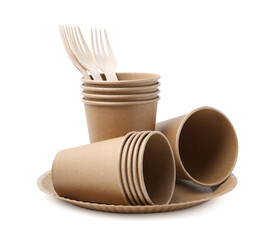 Set of disposable tableware isolated on white