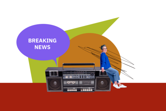 Creative collage picture mature grandmother woman audio radio player cassette boombox textbox message answer drawing doodles