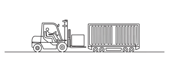One line drawing of A forklift is unloading a container. Courier cargo delivering vehicle transportation concept. one line Icon drawing with white background