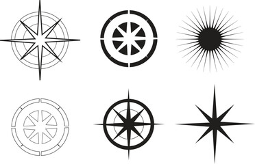 Obraz premium Collection of six stylized compass rose and starburst icons, isolated on white background, representing direction, navigation, and celestial elements