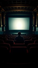 Fototapeta premium Lone figure watches bright screen in empty movie theater