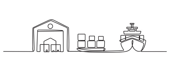 Single continuous line drawing of Warehouse, shipping, port, cargo activity and all about port activity. one line Icon drawing with white background