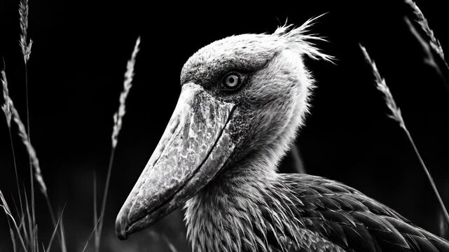 Shoebill Stork Portrait Ancient Gaze Amidst Reeds with Monochrome Majesty.