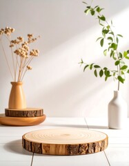 Wooden slice display with natural light