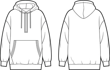 Hooded sweatshirt technical sketch, front and back view, fashion flat drawing, garment design, hoodie template, cad drawing flat vector illustration