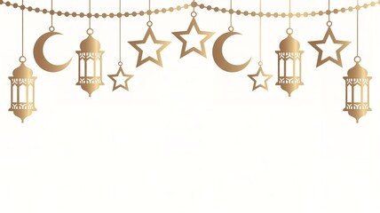 Golden hanging lanterns, stars, and moons on a beaded string against a white background design element