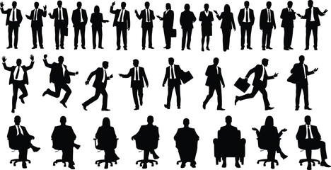 Business people silhouettes in various poses including walking, sitting, standing, running, gesturing, office chair views, teamwork, corporate lifestyle