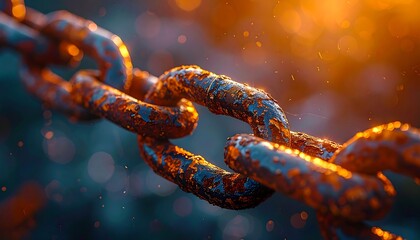 Close-up of a weathered metal chain links, showcasing detail. The links are orange-brown with rust against a blurred backdrop