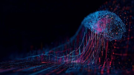 Digital Brain Visualization with Data Streams and Neural Network Elements in Futuristic Style