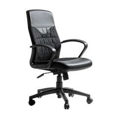 A gray and black office chair with armrests, a cushioned back, and a swivel base on casters