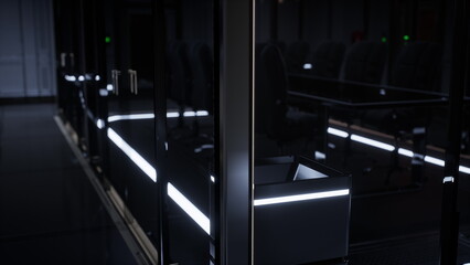 In a contemporary conference room, soft lighting highlights a sleek table surrounded by dark chairs. The atmosphere feels calm and focused as dusk settles outside, enhancing productivity.