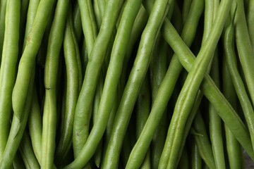 Fresh green bean pods as background, closeup