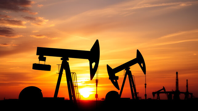 Silhouetted oil pump jacks against a dramatic sunset sky, with oil rigs in the background. The scene captures the essence of the oil industry and energy production.