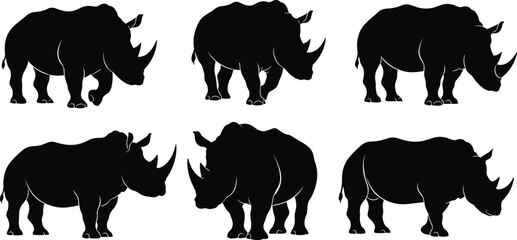 Black rhinoceros animal silhouettes set, wild safari wildlife vector illustration, African rhino icons collection for design, education, conservation themes © Moury Creatives