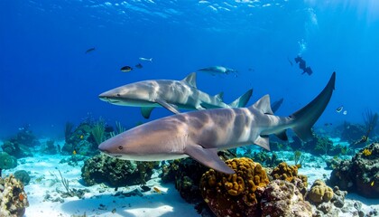 Obraz premium Underwater scene featuring sharks and diverse marine life in a vibrant ocean environment