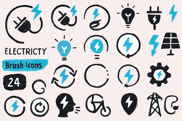 Hand-drawn brush icon set of Electricity icons. featuring light, cable, star, switch, hub, cycle etc.