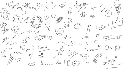 A collection of handdrawn doodle elements, including stars, hearts, clouds, sun, ice cream, music notes, arrows, flowers, leaves, crowns, rainbows, and handwritten words like happy, love, good, and co