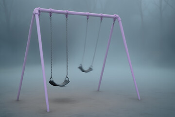 A purple swing set stands alone in a misty, ethereal setting, evoking a sense of loneliness and childhood memories, halloween design