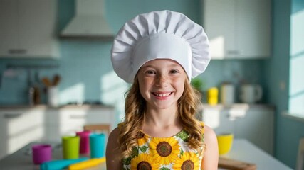 Young girl wearing a chef's hat in a kitchen - Powered by Adobe