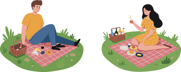  A couple enjoying a summer picnic, sitting on blankets with food baskets, a depiction of a romantic date in nature.