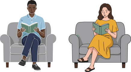  A man and a woman sitting in armchairs, both reading books, a depiction of quiet leisure and a shared hobby.
