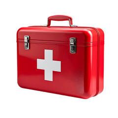 Fototapeta premium Red metal first-aid box, white cross, carrying handle, latches
