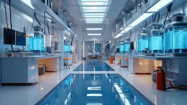 Cutting-Edge Laboratory: A state-of-the-art laboratory is bathed in cool blue light, its futuristic design and advanced scientific equipment hinting at groundbreaking discoveries and innovation.