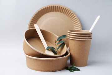 Set of disposable tableware and green leaves on light grey background, closeup