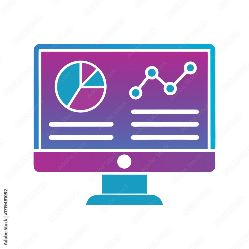 Poster computer monitor displaying pie chart and line graph with purple blue gradient screen technology