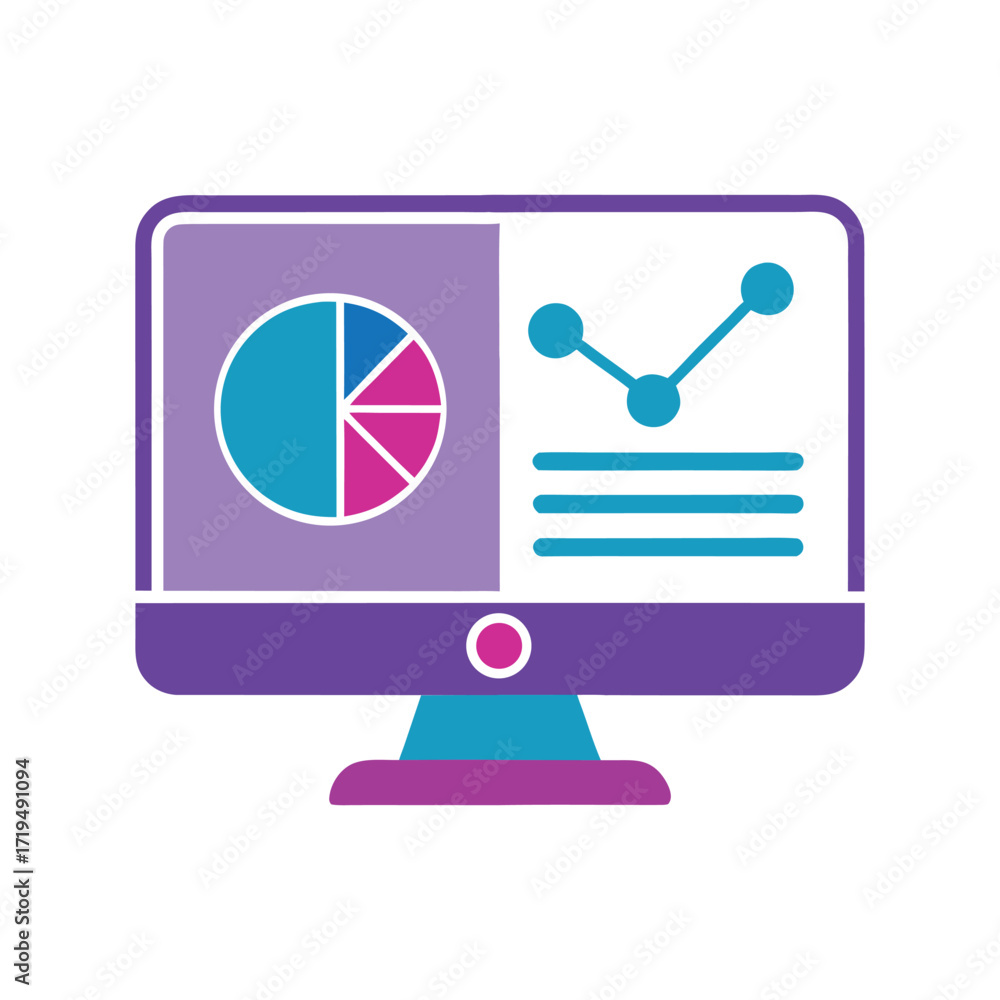Poster computer screen displaying pie chart and line graph with data points monitor