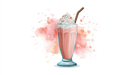 Delicious strawberry milkshake in tall glass with whipped cream topping, chocolate straw, and red sprinkles, set against watercolor splash background for vibrant and artistic touch
