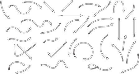 A collection of handdrawn arrows in various styles and directions, isolated on a white background, featuring curved, straight, dashed, and looped designs, perfect for indicating direction, movement, o