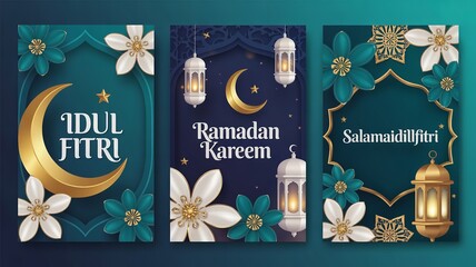 Three islamic holiday greeting cards featuring crescents lanterns and floral decorations shown together