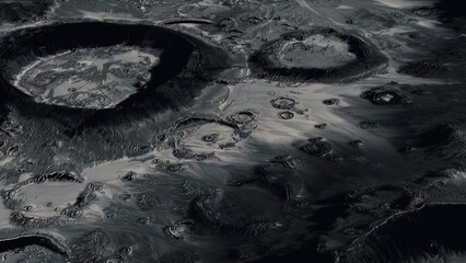 Breathtaking view of a moons surface showcases numerous craters casting long shadows across a rocky landscape, highlighting the beauty of extraterrestrial geology under dim lighting. © icetray