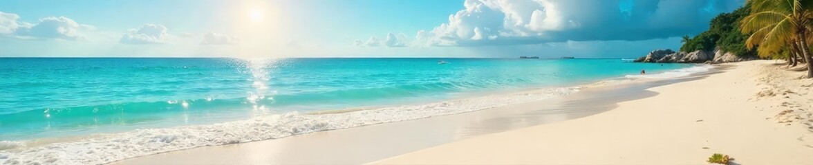 Obraz premium Serene Beach Scene Golden Sand, Turquoise Water, Gentle Waves Lapping the Shore - Perfect for Relaxation, Summer Vacation, and Travel Projects