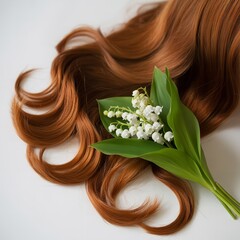 Auburn wavy hair styled with a bouquet of lily of the valley flowers on a white background