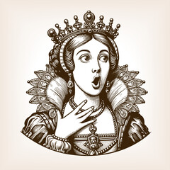 royal queen wearing an ornate crown and jewelry, with wide eyes and surprised expression sketch engraving generative ai fictional character vector illustration. Scratch board. Black and white image.