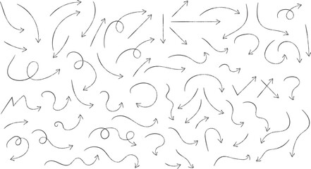 A collection of handdrawn arrows in various shapes and directions, isolated on a white background, representing movement, direction, and guidance in a simple, graphic style