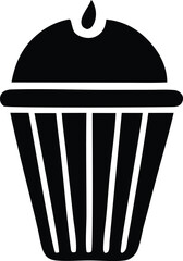 Simple black and white icon of a cupcake with a flame on top perfect for desserts baking and celebrations