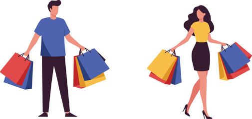  A happy man and a woman carrying shopping bags, a young couple enjoying shopping with purchases after buying.