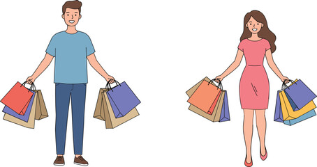  A happy man and a woman carrying shopping bags, a young couple enjoying shopping with purchases after buying.