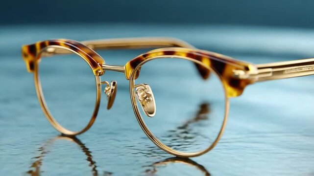 Stylish Eyewear: A close-up shot showcases a pair of stylish eyeglasses with an eye-catching tortoise shell pattern, resting gracefully.