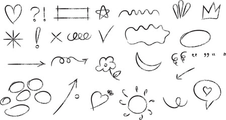 Collection of handdrawn doodle elements isolated on white background, including hearts, stars, arrows, speech bubbles, and abstract shapes, perfect for graphic design and illustration