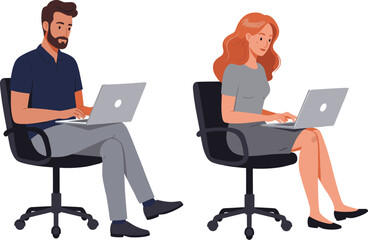 A businessman and a businesswoman working on their laptops, professional colleagues collaborating in a corporate office environment.