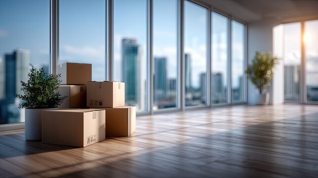 Cardboard Boxes Stacked in Bright Office Space with Cityscape View and Potted Plants Near Large Windows During Sunny Day with Wood Floor
