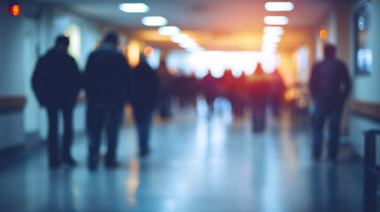 Blurred people walking in hospital corridor with soft lighting and calm atmosphere, capturing everyday movement and casual wear of visitors and staff