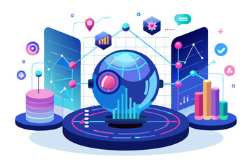Modern digital workspace showing artificial intelligence technology with holographic data analytics and virtual dashboards. A professional working on a laptop surrounded by futuristic AI visualization