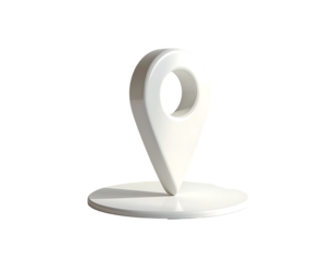 A 3D rendered, white, map pin icon stands on a circular base, casting a subtle shadow